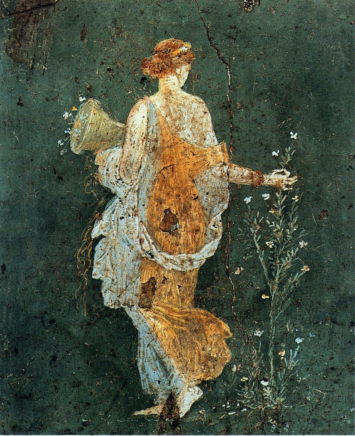 Classical fresco figure on a deep green background
